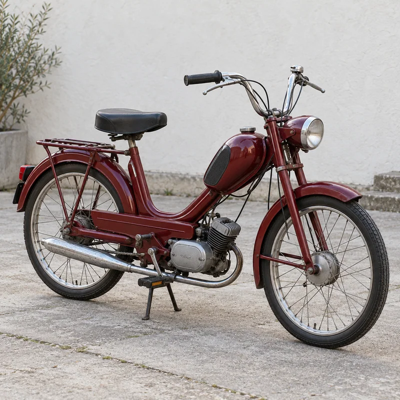 Bordeauxrotes klassisches Mofa mit Pedalen